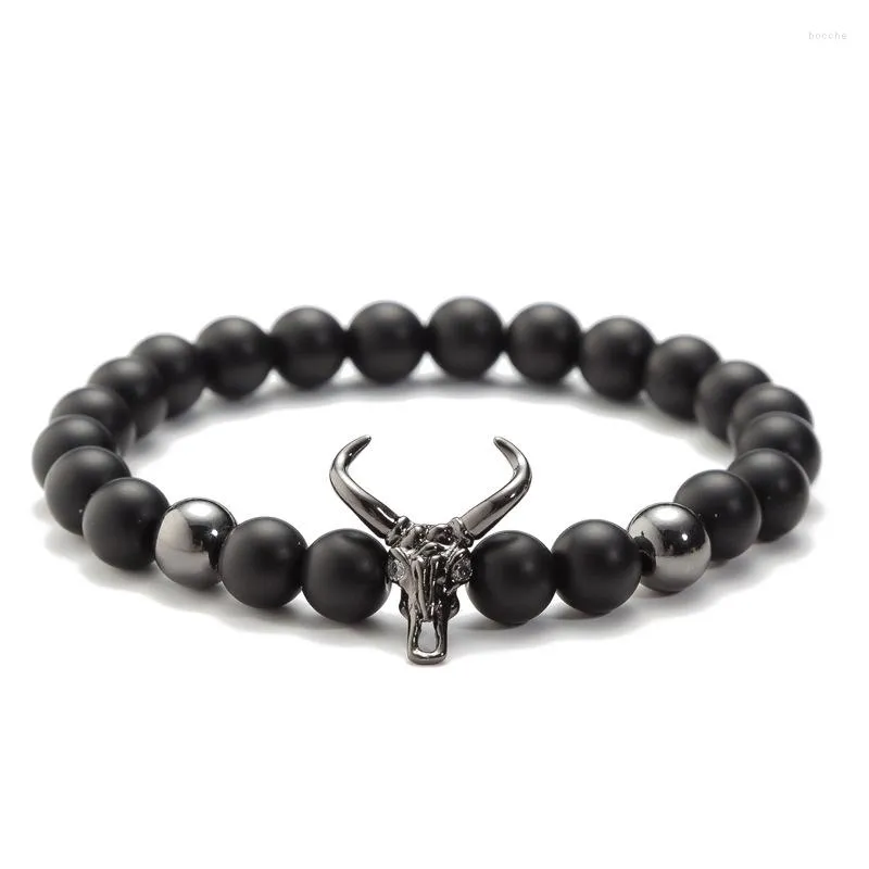 Strand Ashmita Bull Head Skull Men Armband 8mm Lava Stone Pärlor Charm Armband Matt Onyx Beaded Bangles smycken