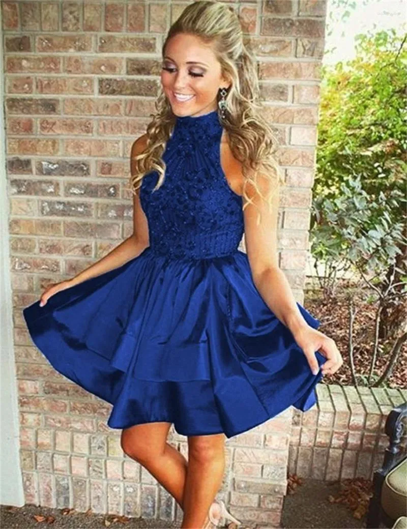 A Line Halter Neck Short Cocktail Party Dress 2024 Pure Color Satin With Beading