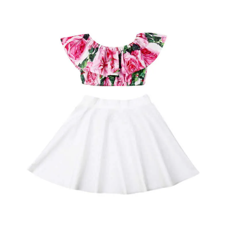 Clothing Sets 1-6Y Kid Baby Girls Clothing Set Flower Ruffles Shoulder Tops White Skirts Summer Chidlren Girls Costumes