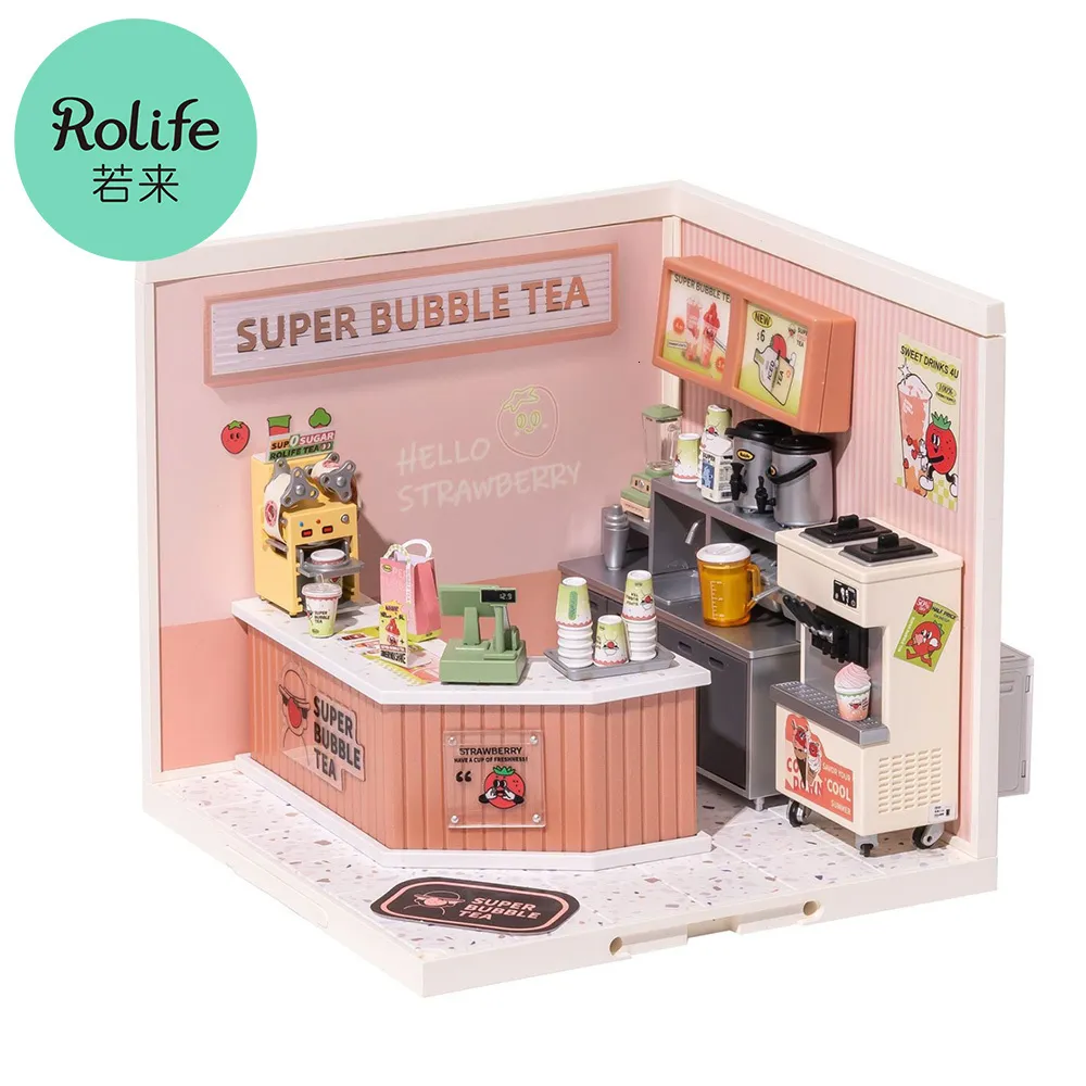 Other Toys Rolife DIY Miniature House Kit Plastic Building Set Super Creator Mini Doll Double Joy Bubble Tea with LED Lights 230815