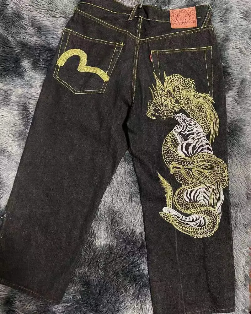 Herren Jeans Harajuku Retro Hip Hop Dragon Muster Jeans Schwarz übergroß