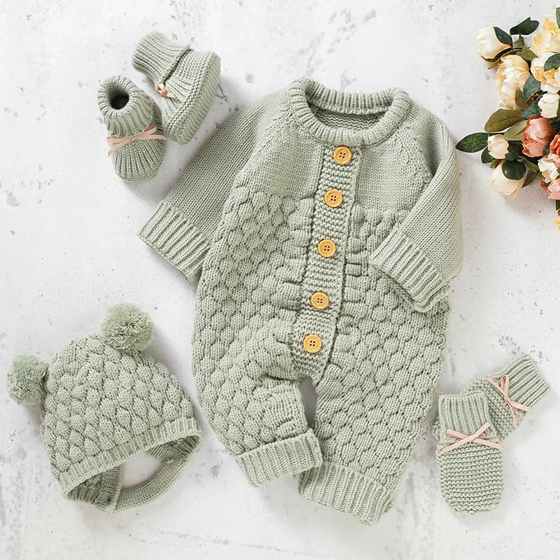 Rompers Born Baby Clothes Set Knitted Infant Girl Boy Romper Hat Gloves Shoes Fall Long Sleeve Jumpsuit Outfits Mitten Boots 230816 From 10 55 DHgate