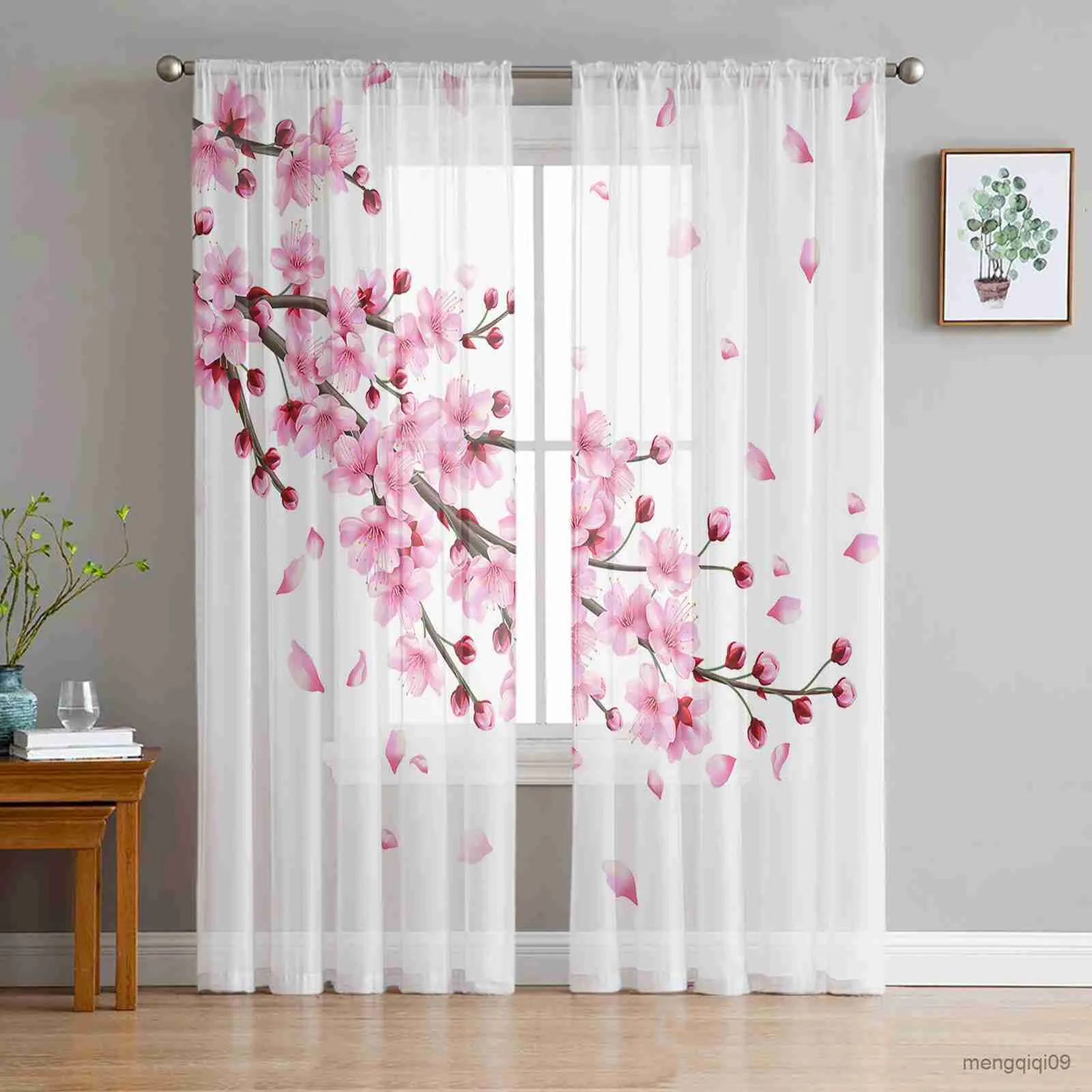 Vorhang Frühling Kirschblüte Gradient Tüll Vorhänge für Wohnzimmer Schlafzimmer Dekor Chiffon Sheer Küchenfenster Vorhang R230816