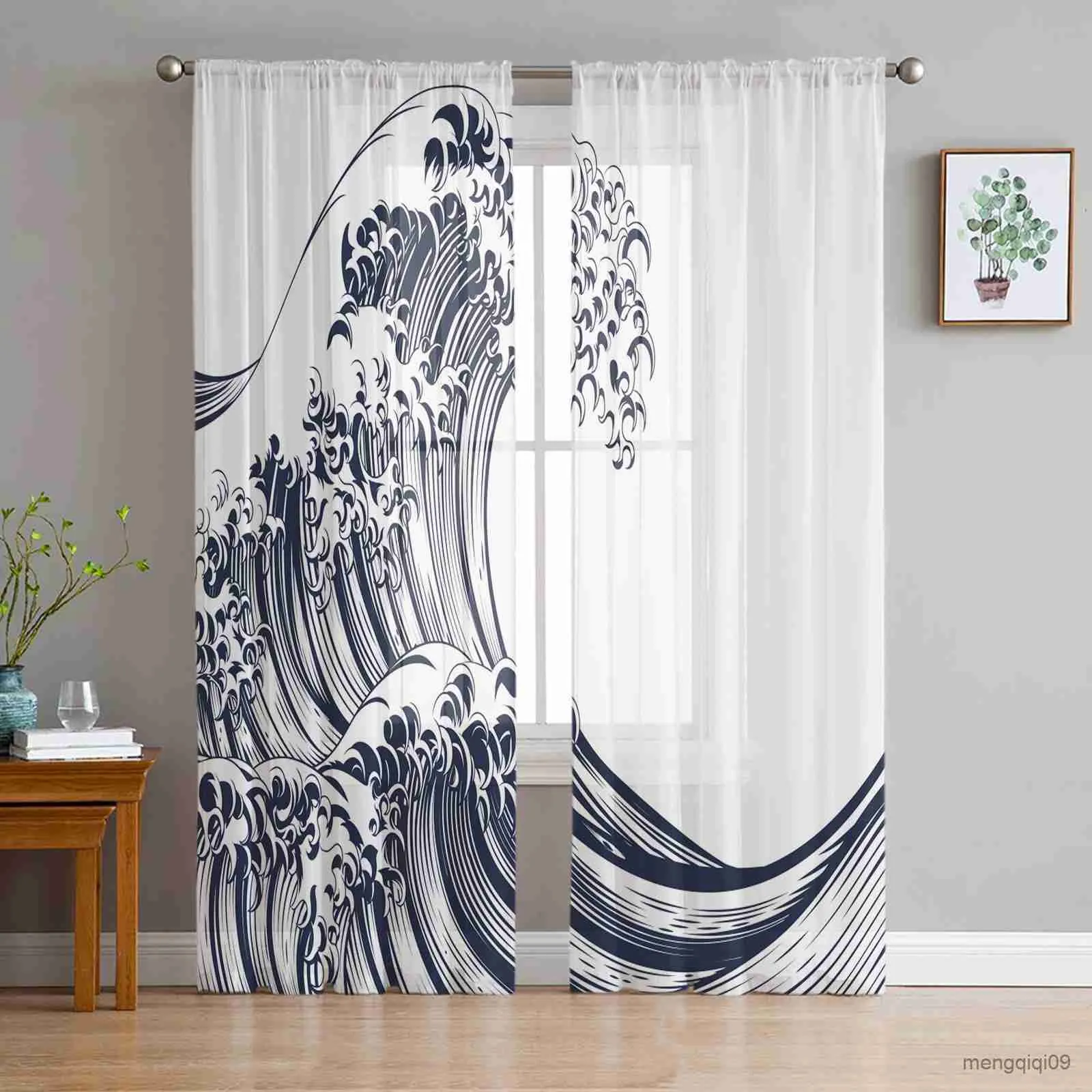 Zasłony proste fale styl China Tiul Curtains for Sali Salia Sypialnia Sheer Drape Nowoczesne wydrukowane zasłony R230816