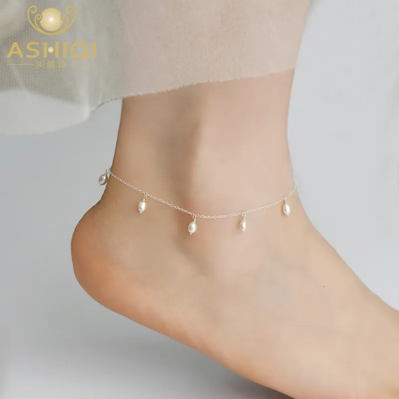 Tornozeleiras ashiqi naturais de água doce pérolas 925 tornozeleiras de prata esterlina para mulheres de 3-4 mm jóias de pérolas prateadas cadeia de pernas feminina 230816
