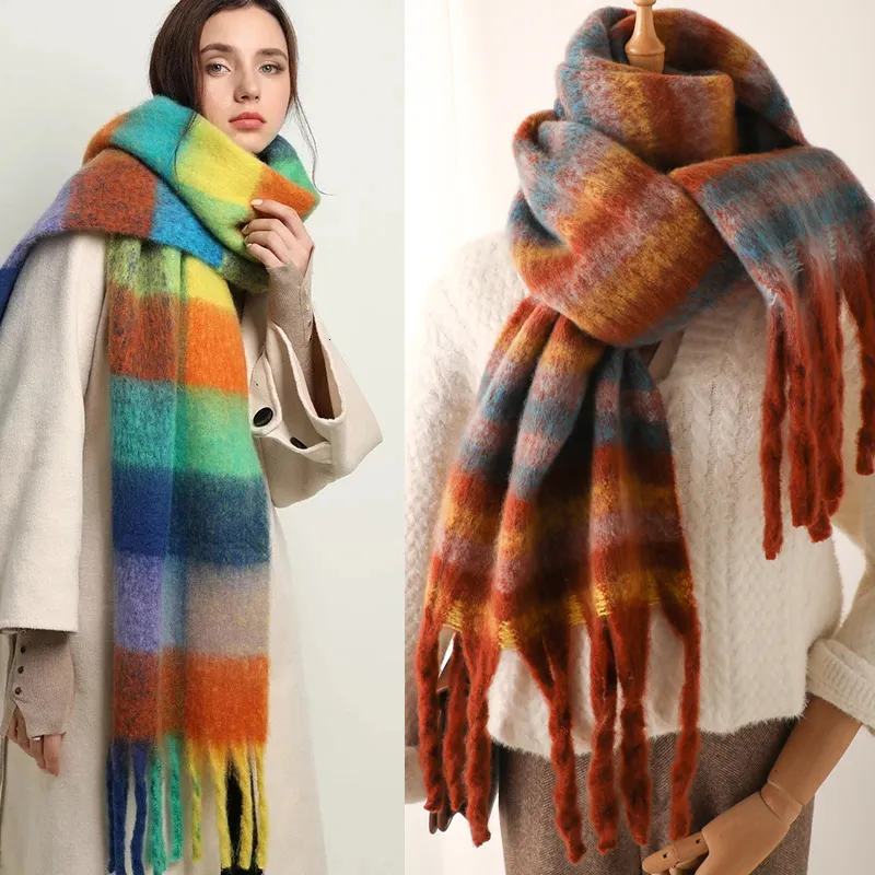 Scarves Women Plaid Scarf Winter Pashmina Shawls Cashmere Thick Wraps Lady Tassel Warm Scarves Rainbow Hairy Bufanda 230815