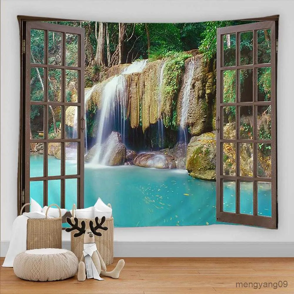 タペストリーズ自然の景色のタペストリー美しい森の窓滝の景色リビングルームキャンバスホームデコレーションR230816