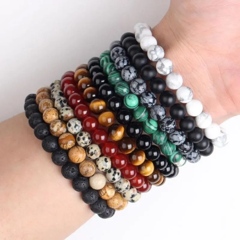 Strand Natur Perlen Armband Männer 8mm Naturstein Lava Rock Tiger Auge Schwarze Onyx Matte Heilungsperlen Stretch Charm Yoga Frauen Schmuck Schmuck