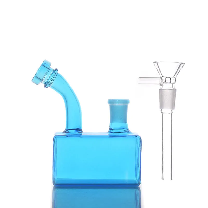 Neuester blau Mini Quadratglas Bong Ölbrenner Dab Rig Bong Shishs Kreativer Bubbler Tabakwasserrohr zum Rauchen 14mm Gelenk