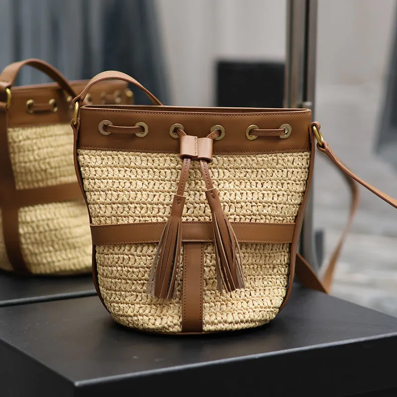 Women Bucket Bag Straw Weave Designer Bag Cross Body Bag Beach Totes Bag Top Mirror Quality Luxury Handbag Shoulder Bags String Purse Lafite Plant Tanned Cow Leather