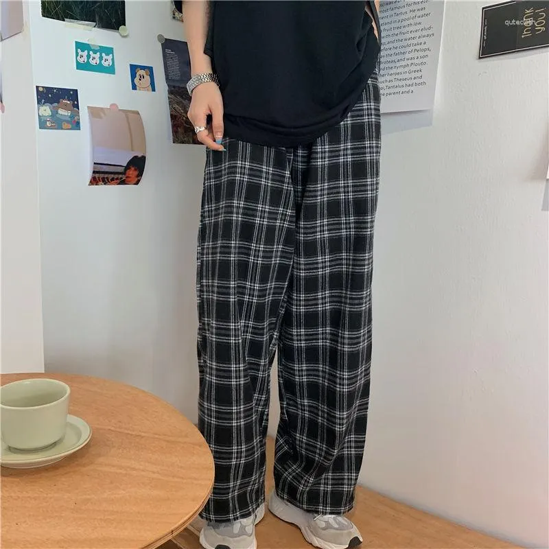 Calça masculina quadriculada para homens e mulheres casuais harajuku hip-hop