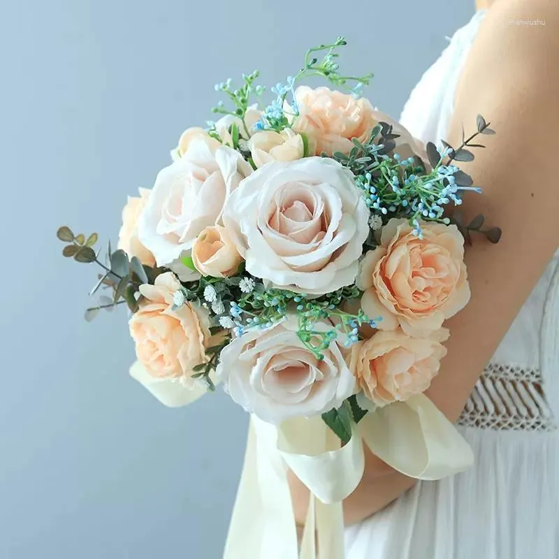 Wedding Flowers Whitney WB 1287 Oranje met roze roos bruidsmeisje gastboekethouder