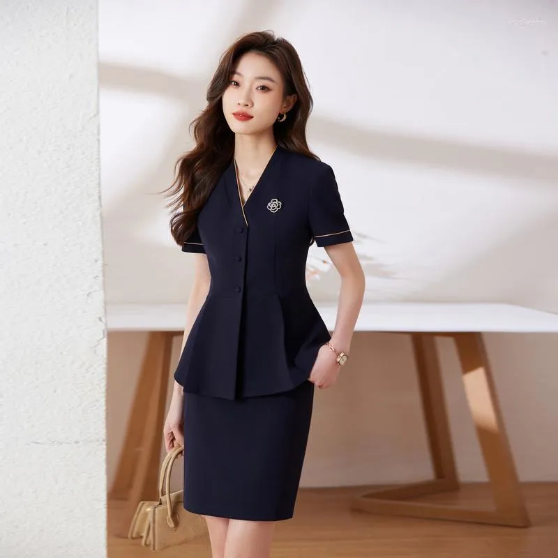 Two Piece Dress Summer Short Sleeve Formal Women Business Suits With Skirt And Tops Professional OL Styles Blazers Office Work Wear Set