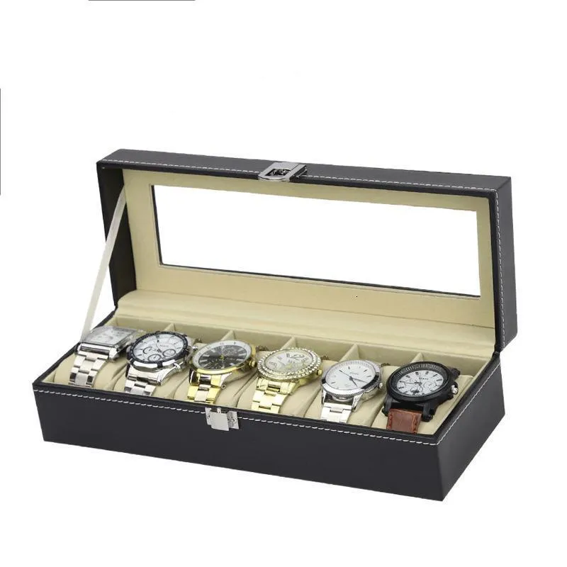 Pudełka biżuterii 6 gniazd zegarek obserwacja akcesoria obserwuj wyświetlacz skrzynkę do przechowywania pudełko pudełko pu leathe zegarki organizator pudełka biżuterii 230816