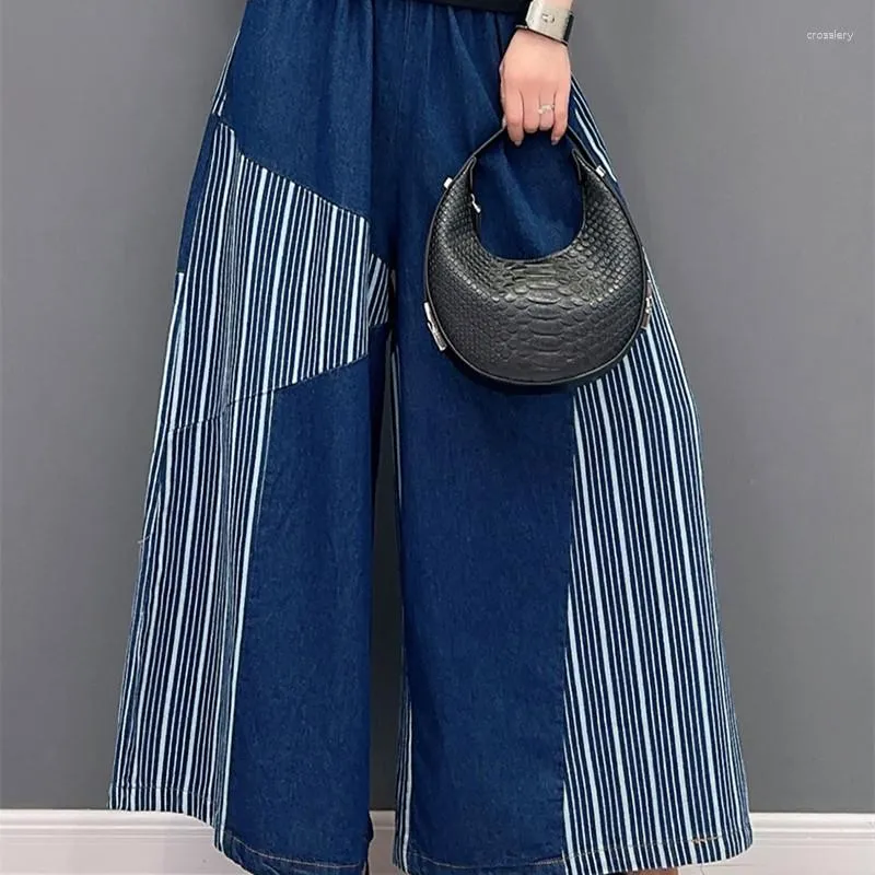 Kvinnors byxor koreansk stil lapptäcke stripe denim hög midja ankel längd jeans kvinnor sommar bred ben vaqueros de verano