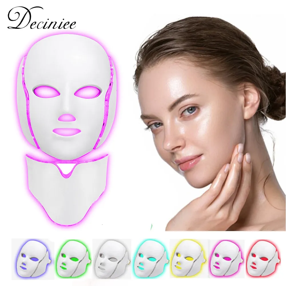 Masaje de cara 7 color máscara LED W -cuello tratamiento con cuidado de la cara belleza anti acné coreano coreano pone cara blanqueadora de rejuvenecimiento de la piel 230815