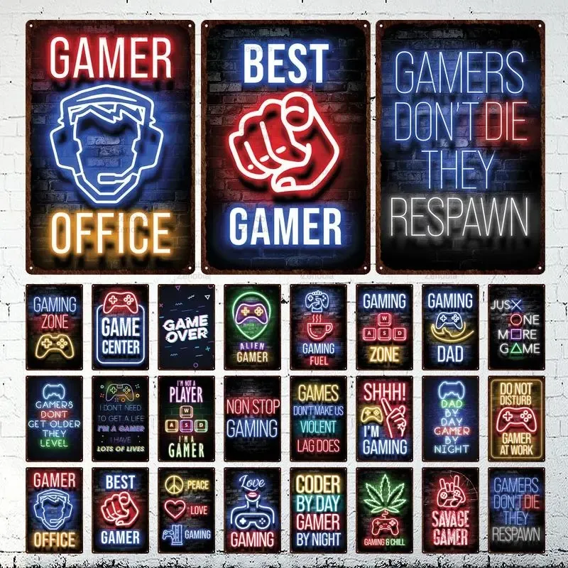 Gaming Chill Metal Sign Savage Gamer Vintage Tin Poster Game Zoon Retro Neon Gamer Room Decoration Shabby Plates Plack Bar Cafe Wall Decor målning 30x20cm W01