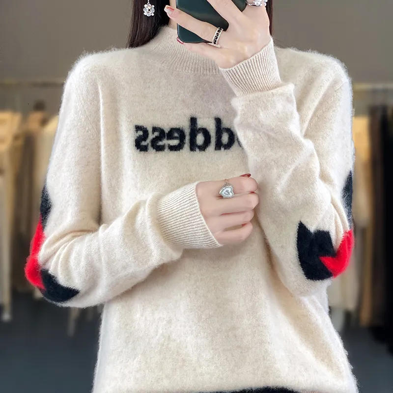 Women's Sweaters Autumn and Winter Pure Wool Knit Sweater Thermal Jacket Half Turtleneck Embroidery Color Matching Trend Cashmere 230815