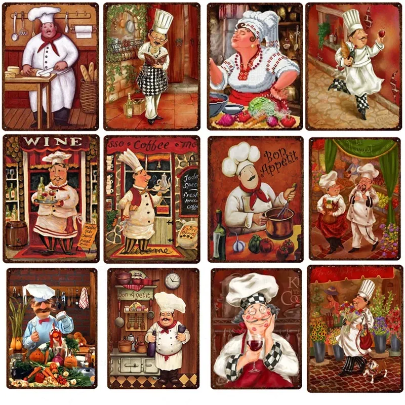 Vintage Cartoon Chef METAL Sign Męski szef kuchni Poster Kuchnia Decoraiton Tin Plauques Restauracja Dekorowanie ścienne anime Figures żelaza malarstwo 30x20 cm W01