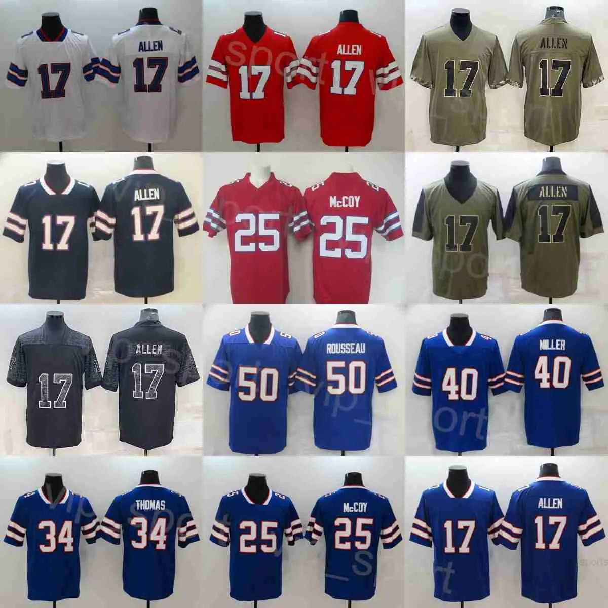 MANS FUTEBOL 40 Von Miller Jerseys 17 Josh Allen 34 Thurman Thomas 25 LeSean McCoy 50 Gregory Rousseau Hemp Grey Olive Salute to Service Navy Blue White Grey Stitcheded