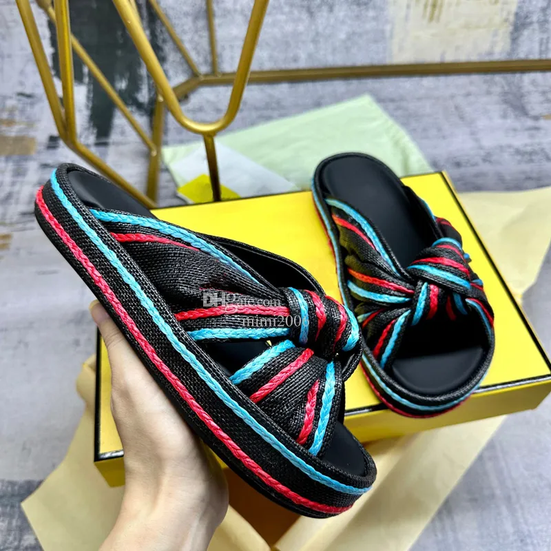 Luxury designer Straw beach platform slippers sandals for Men women fashion embroider rubber mules flat summer ladies casual slides shoes sliders 35-45 with box