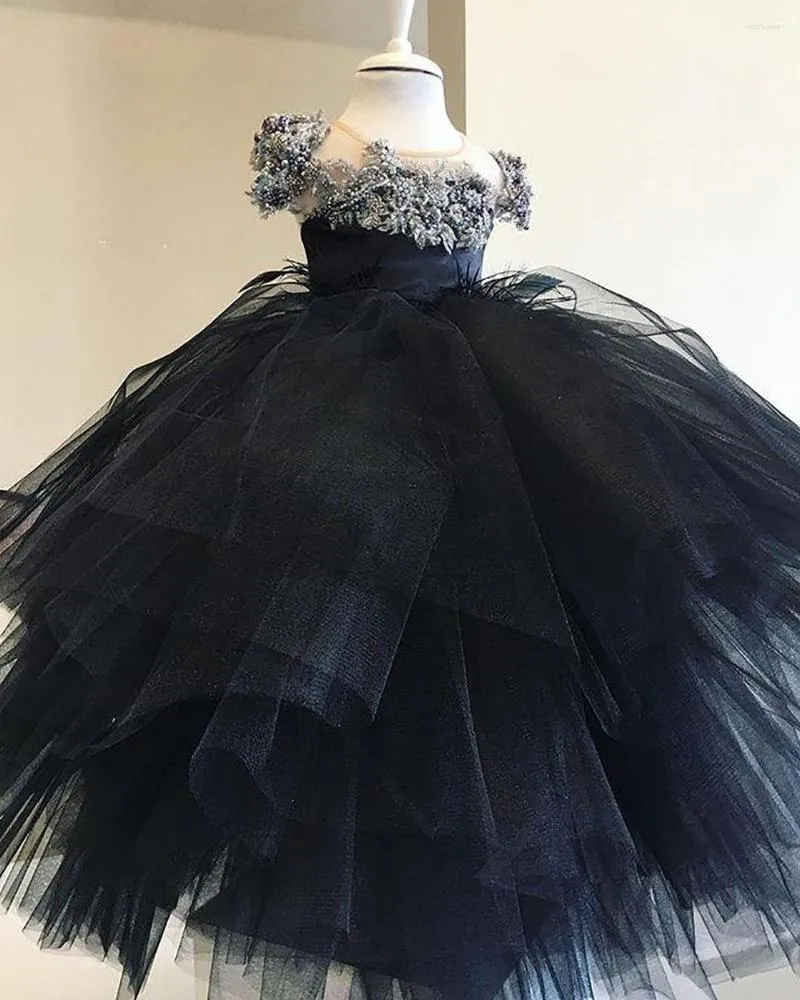 Abiti da ragazza fiore nero lussuoso abito da ballo in pizzo tiers tiers tulle litttle kid kids di compleanno abiti da allega