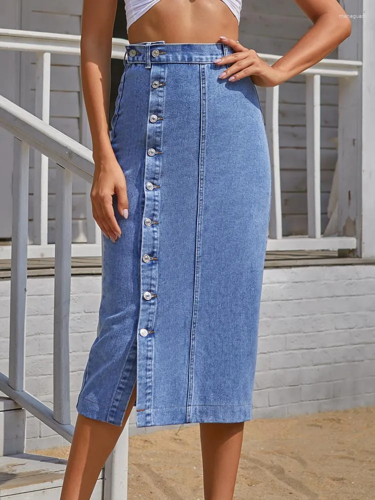 Skirts 2023 Women's Button Side Split High Waist Denim Skirt Office Lady Mid-Calf Jean Autumn Winter Long