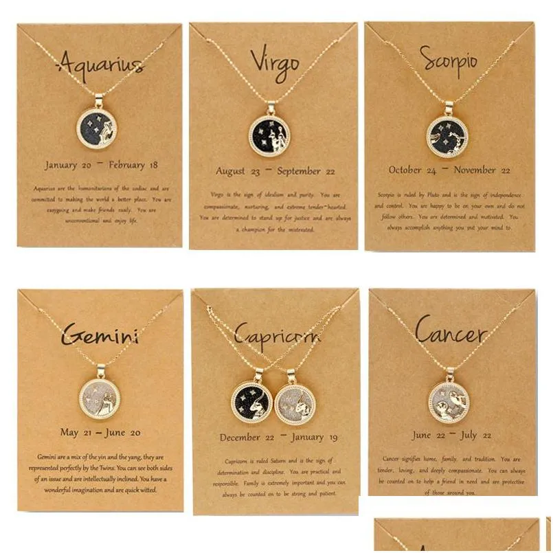 Pendant Necklaces Fashion 12 Constellation For Women Men Gold Chain Zodiac Sign Round Necklace Black And White Couple Jewelry Birthd Dho1S