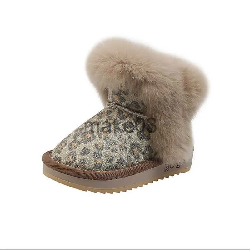 Stövlar 2022 Nya vinterflickor Snöstövlar Läder Leopard Varma plysch Barnstövlar Fashion Toddar Kids Boots EU 2130 J230816