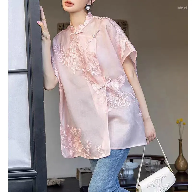 Women's Blouses Pink Retro Embroidered Silk Shirt For Summer Chinese Style Elegant Asymmetric Single Breasted Button Loose Top S-XXL