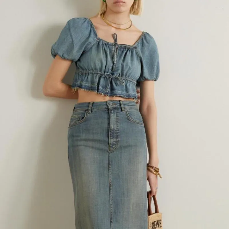 Kvinnors T -skjortor kvinnor Korta skjorta toppar 2023 Sweet Spicy Girl Lace Up Midjel inslagna bubblahylsa denim Crop Top