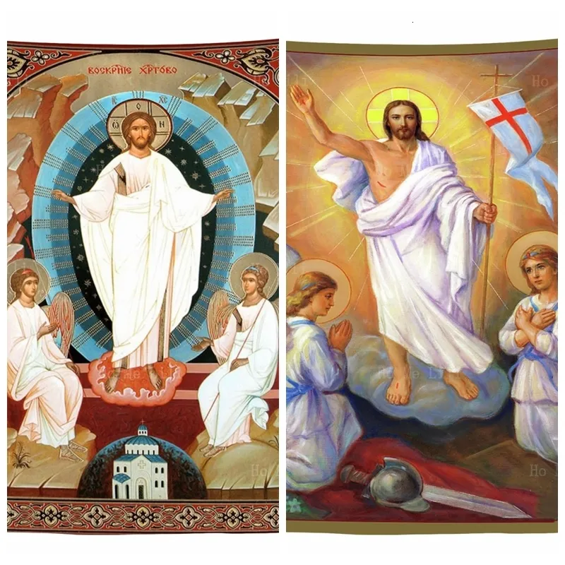 TAPESTRIERS ryska ortodoxa katolska påskikonens uppståndelse av Kristus Jesus Angels Sacred Traditionell Tapestry av Ho Me Lili Home Decor 230816