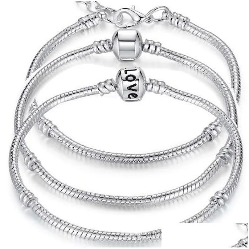 Kralen Antiek 925 Sterling zilveren bedelarmbanden Europese 3 mm slangenketen Fit Pandora Charms Bead Bangle armband voor vrouwen drop del dhyst