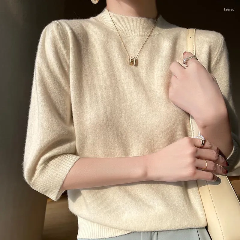 Women's Sweaters Spring Summer Pure Wool Sweater Three-quarter Sleeve Bottom Half High Neck Loose Back Buttoned Knitted Top