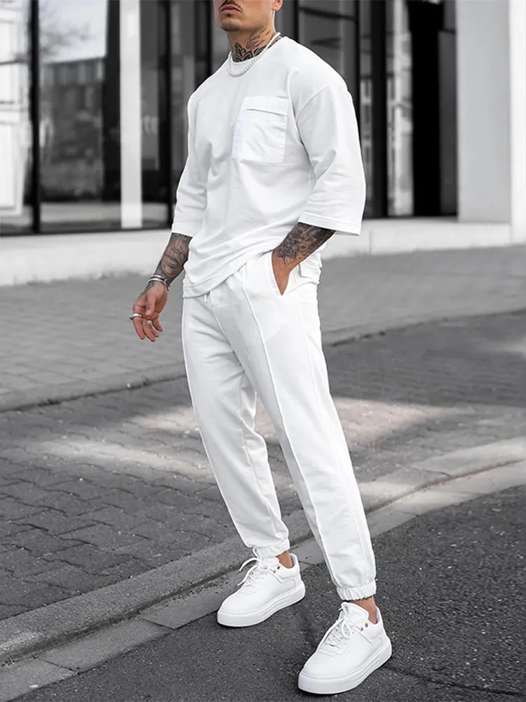 Men's Tracksuit Fashion Half Sleeve T-Shirt Two Piece Set Outfit, Casual  Pure Color Patch Pocket Top And Pants Suit, Men's Trend Streetwear 230815