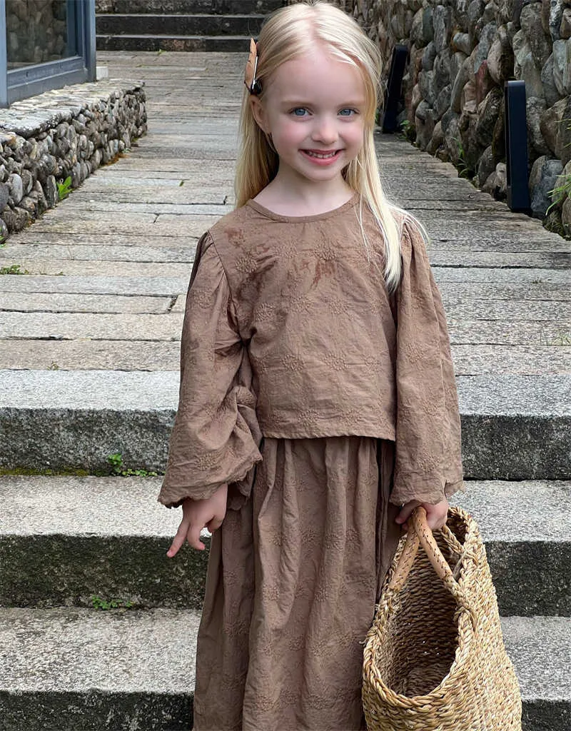 Ensembles de vêtements pour enfants, ensemble brodé, style printemps-automne, chemise et jupe à fleurs pour filles, ensemble de pièces douces Vintage