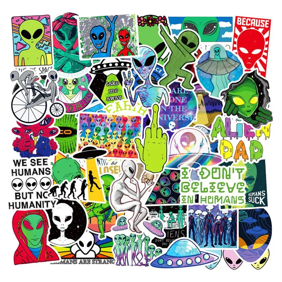 50pcs lot Car Stickers Alien UFO Trolley Case Skateboard Notebook Stickers Waterproof PVC Removable Stickers for Car Motorcycle Bi279s