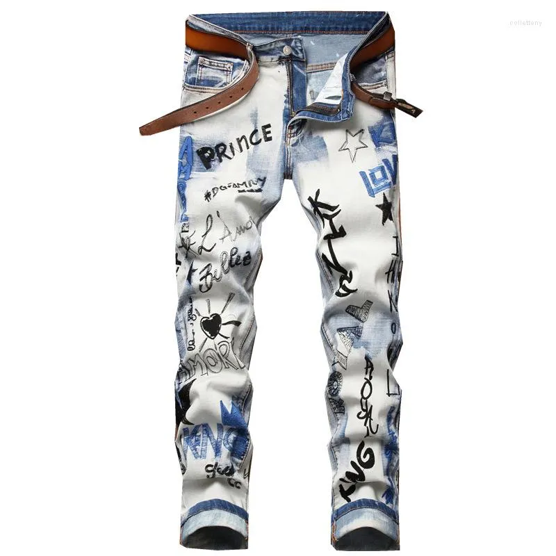 Jeans masculinos 2023 calças de cintura intermediária Micro elástico casual impressão lisa bordada para homens