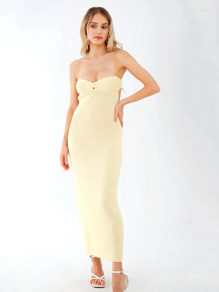 Casual Dresses Women Knitted Tube Dress Solid Color Tie Knot Strapless Backless Cut Out Long See Through Beach Club Sexy