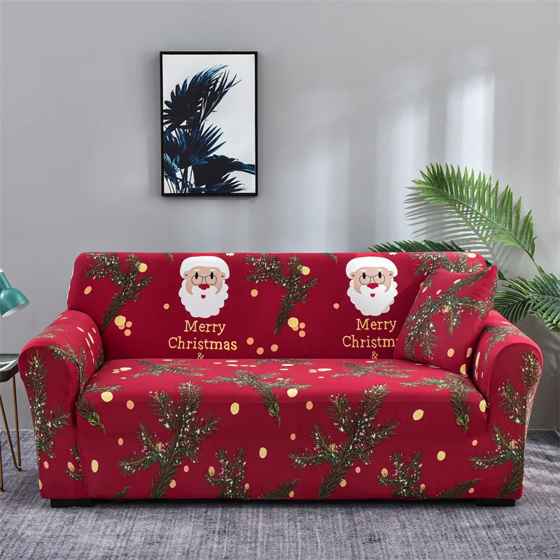 Feliz Natal Sofá Cover Papai Noel Claus Cedar Brailhas elásticas Capa do sofá tema de Natal Slipcover Red Sofá para sala de estar para 2 3 4 Seat