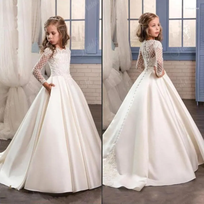 Mädchenkleider weiße Spitzenapplikation Langarm Satin Blume für Hochzeit Besondere Anlass Kleid Mädchen Erste Kommunion