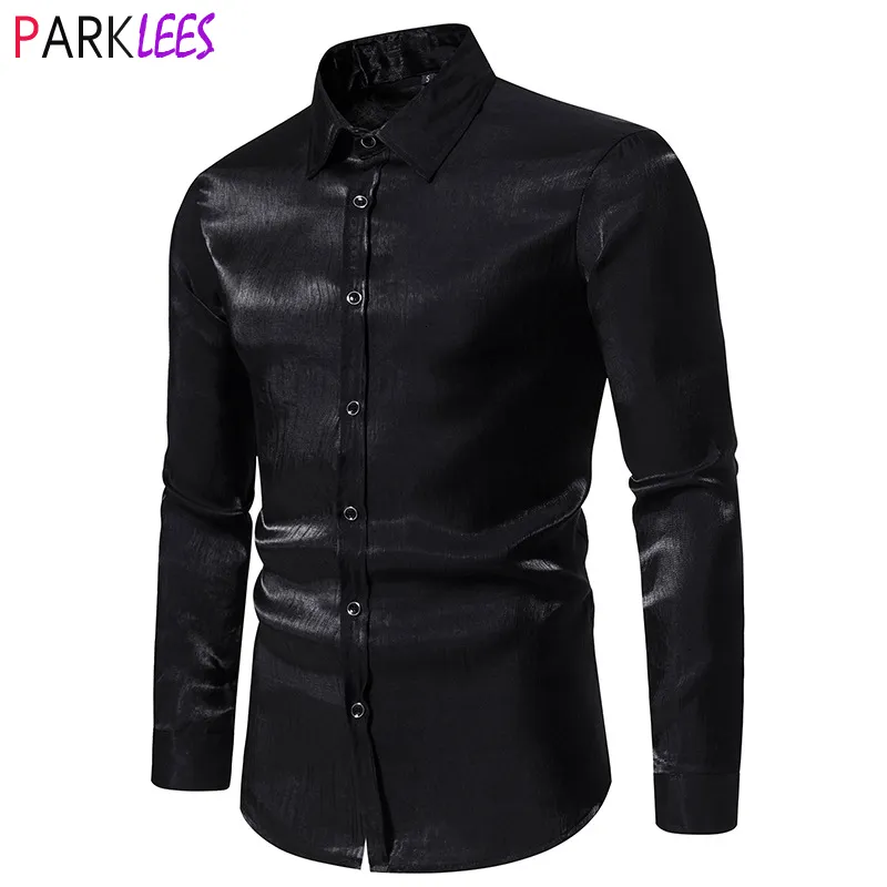 Mens Casual Shirts Shiny Black 70s Men Brand Long Sleeve Prom Dress Button Down Nightclub Social Shirt Male 230815