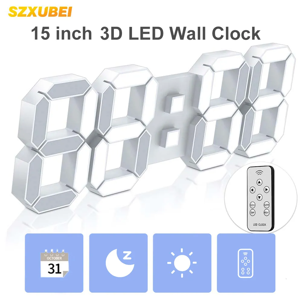 Duvar Saatleri Szxubei 3D LED Dijital Duvar Saati Büyük Çalar Saat Uzaktan Kumanda Snooze Otomatik Karartma 1224H Saat Tarihi Sıcak Döngü Ekranı 15inch 230815