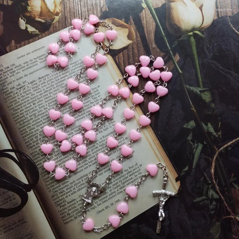 Kedjor rosa hjärta rosenkrans pärla halsband lång Kristus Jesus för korshänge män kvinnor religiösa smycken dekoration