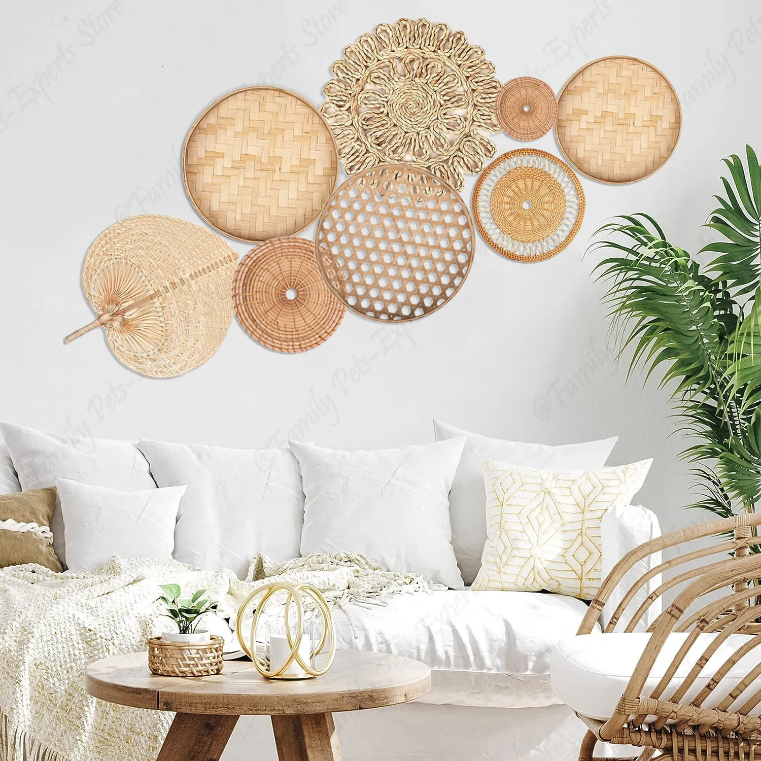 Decorative Objects Figurines 8pcs Natural Wall Basket Decor Boho Rattan Round Wall Decor Handmade Farmhouse Wall Hanging Decor for Bedroom Living Baby Room 230815