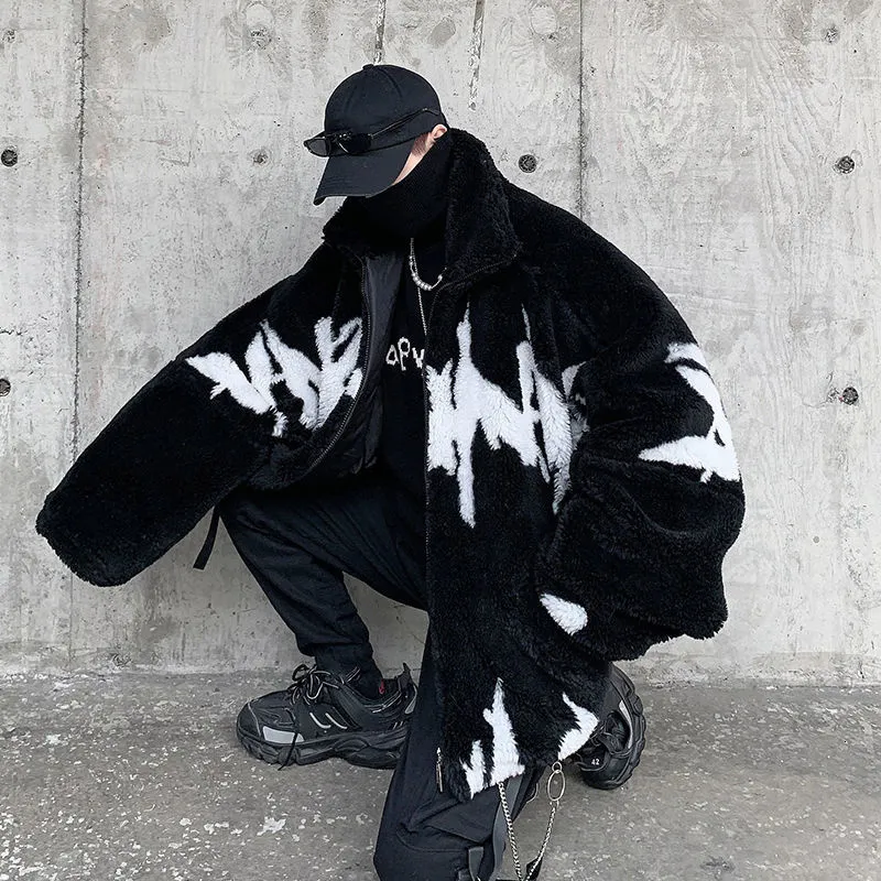 Heren Down Parkas Hybskr Winter Lamb Wol Jacket Harajuku Fashion Casual Otensize Patroon Male Dikke Warm Parkas Hip Hop losse jas 230815