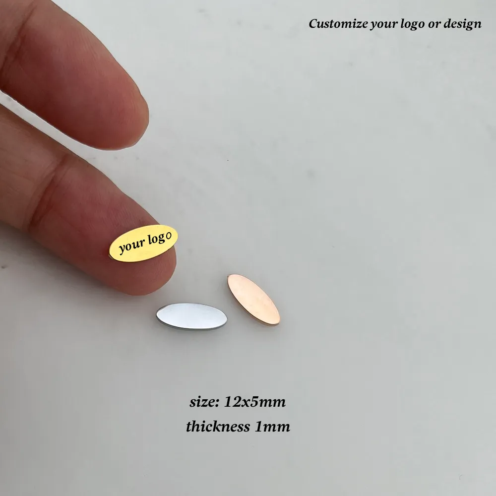 Quartzo sintético 50pcs 12x5mm mini placas de metal oval sem orifício a laser gravado etiqueta de aço inoxidável gravável 230815