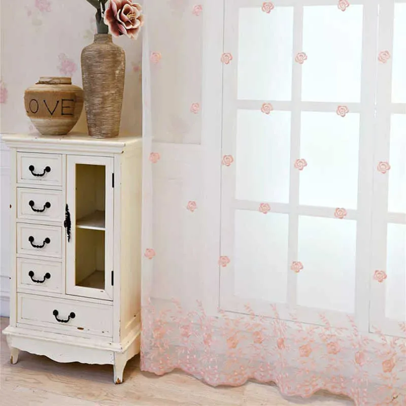 Gordijn Moderne Rose Tule Gordijnen voor Slaapkamer Meisje Woonkamer Wit Roze Borduren Bloemen Pure Gordijn Gordijnen