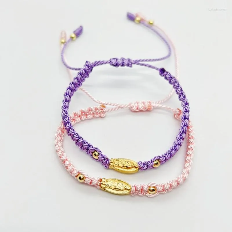 Strand Religious Catholic Jewelry Handmade Virgin Mary Rope String Pink Purple Braided Bracelets For Girls Gifts