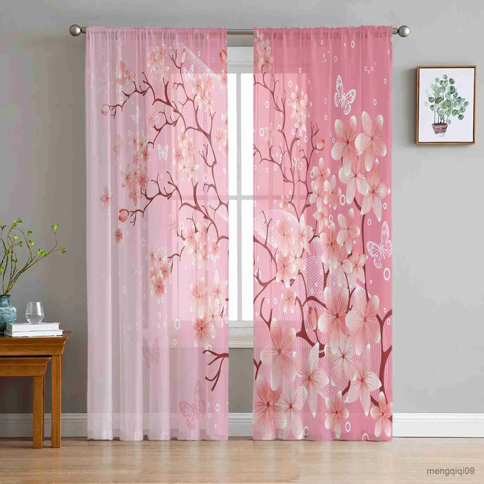 Gardin körsbärsblomning fjäril rosa tyllgardiner för vardagsrum sovrum dekor chiffong rensan kök fönster gardin draperar r230816